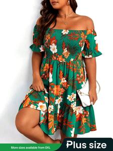 【Plus Size】 Floral Print Ruffle Hem Shirred A Line Dress, Boho Off Shoulder Short Sleeve Dress for Daily Holiday Vacation Wear, Women Plus Clothing for Summer