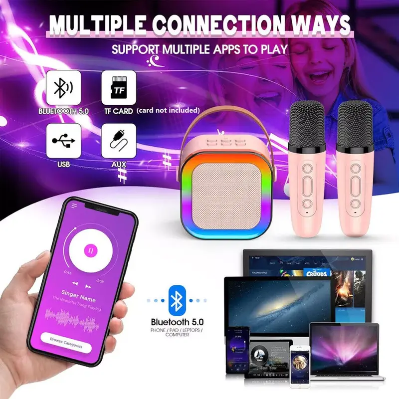 Wireless Bluetooth Karaoke Microphone Portable Karaoke Machine with 2 Speakers 2