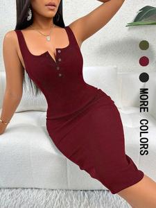 Women's Solid Color Bodycon Dress, Casual Fashion Skinny   Dress for Daily Outdoor Wear, Women Dress for Summer