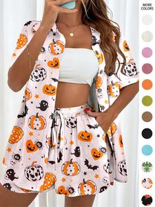 Womenswear Button Front Shirt & Drawstring Waist Shorts Set, Comfort Short Sleeve Tops & High Waist Shorts, Back To School Minimalist Co-ords, Ladies Summer Outfits, Holiday Outfits, Y2k Outfits Streetwear, Matching Sets, Shortsleeve, Fitted Outfit Sets