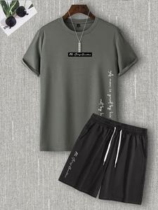 Two-Piece Set Men's Letter Print Co-ord Set, Casual Short Sleeve Tee & Drawstring Pocket Shorts Set, Summer Clothes, Men Two-Piece Outfits