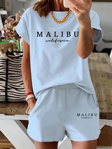 Two-Piece Set Women's Letter Print Short Sleeve Tee & Skinny Shorts, Casual Round Neck T-shirt & Shorts for Daily Wear, Ladies Clothes for Spring & Fall, Suits, Clothes for Women