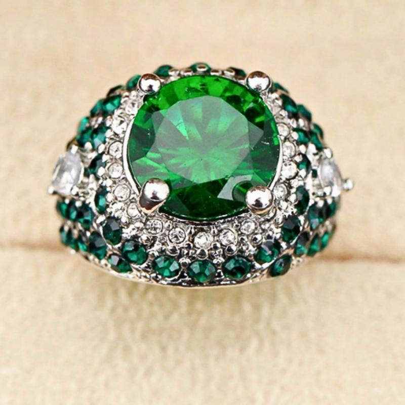 Fashion zinc alloy ring with green round Cubic Zirconia stone for men's business style, party jewelry, wedding ring, engagement ring, exquisite gift for him, husband, father, father's day 1