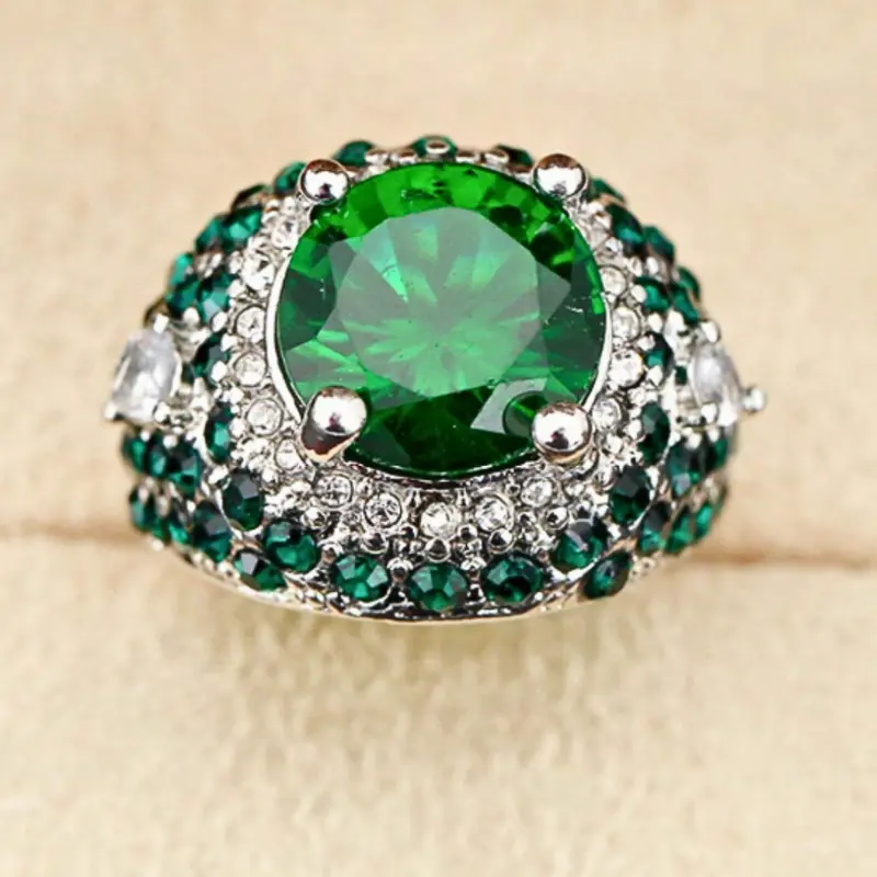 Fashion zinc alloy ring with green round Cubic Zirconia stone for men's business style, party jewelry, wedding ring, engagement ring, exquisite gift for him, husband, father, father's day 1