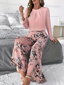 Women's Floral Print Wide Leg Pants & Blouse Two-piece Set, Elegant Long Sleeve Top & Trousers for Daily Wear, Ladies Clothes for All Seasons, Suits, Fall outfit