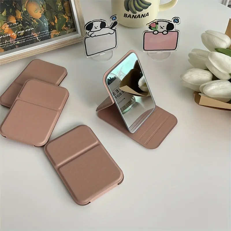 4.25-Inch Foldable Makeup Mirror with Frame – Compact, Portable Vanity Mirror for Dorms, Desktops, and Travel – Light Pink/Beige, Polished Glass Surface, Floral Design, Makeup Vanity Desk 0