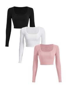 Women's Plain Ribbed Square Neck Long Sleeves Crop Tee, Mean Girls Outfit, Summer Tops, Comfort Fashion Casual Long Sleeve T-shirt for Lady Summer Spring & Fall, Women's Minimalist Clothing for Daily Wear, Going Out Tops, Womenswear