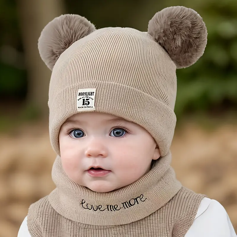 RISELDAJOR  2pcs/Set Soft & Elastic Knitted Beanies for baby, Pom-Pom & Snood with Alphabet Design, Ideal for Casual Attire in Fall/Winter and Birthday Parties 1