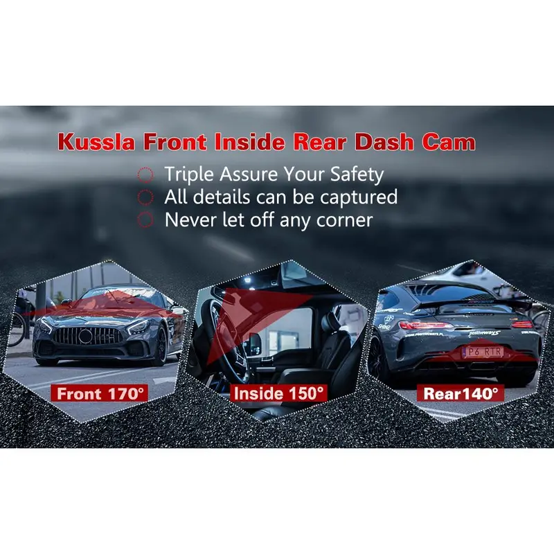 2025-New  Dash Cam Front and Rear Inside 3 Channel Dashcam for Cars 1080P with 64GB Card Adjustable Lens 3 Ways Triple Camera with Night Vision, G-sensor, Loop Recording, Parking Monitor 8