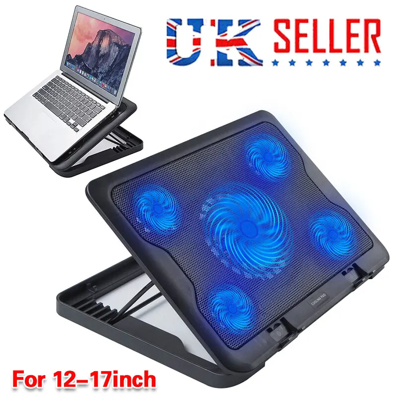 Quiet Laptop Cooler 5 Powerful Fans Gaming Cooling Mat Pad Stand Tilt for 12-17"