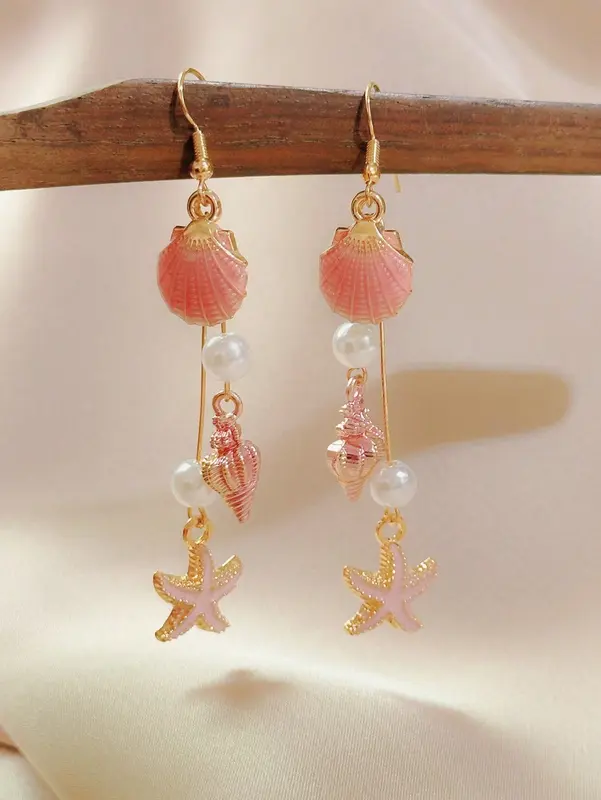 1 Pair Pink Shell & Conch Dangle Earrings for Teenage Girls – Beach Vacation Style with Faux Pearls, Cute Summer Jewellery for Holidays & Daily Wear 1