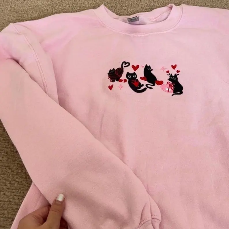 Embroidered Black Cat Valentine Sweatshirt, Heart Cat Sweatshirt, Black Cat Embroidered, Valentines Day Black Cat Sweatshirt, Cat Lover Gift 3