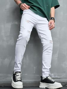 Men's Solid Ripped Slim Jeans, Street Fashion Casual Comfy Denim Pants for Daily Wear, Mens Bottoms for All Seasons, Cotton