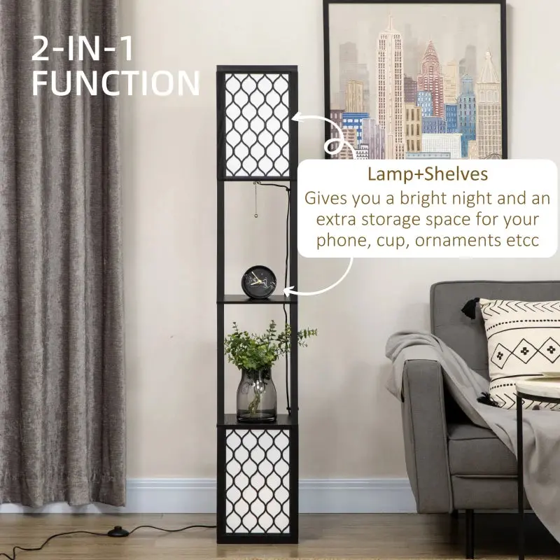 Rustic Style Floor Lamp with 2-Tier Inner Shelves and Pull Chain Switch - Black 3