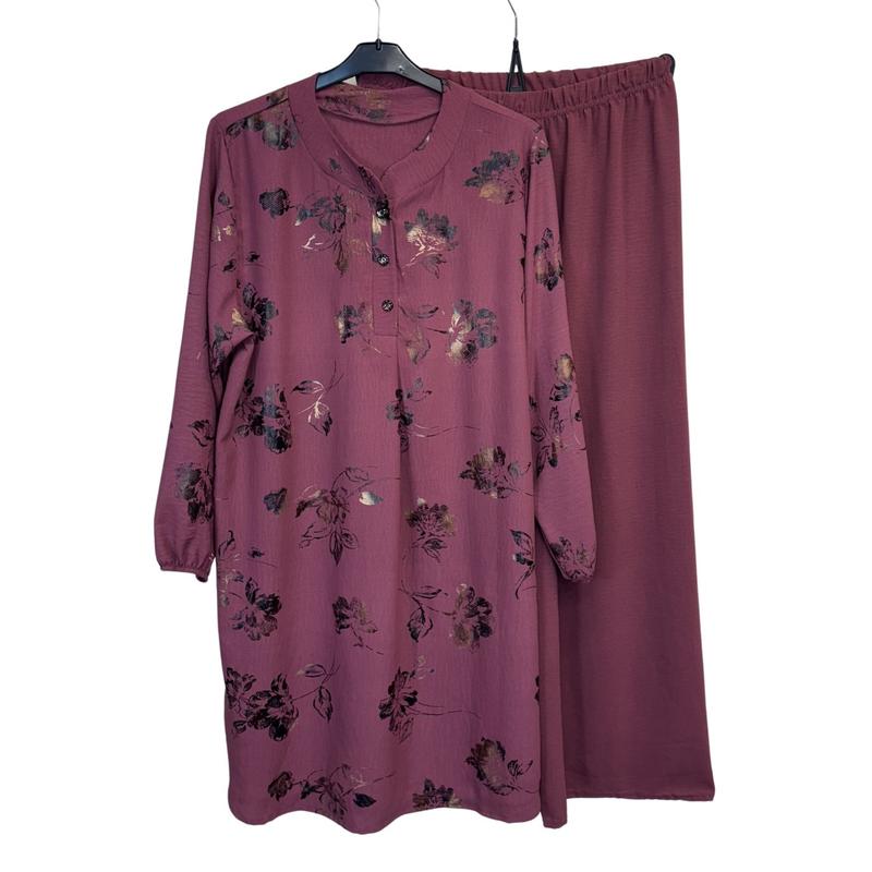 Ladies Gold Print Coord Set Collared Top with Wide Leg Trousers 8-16 1