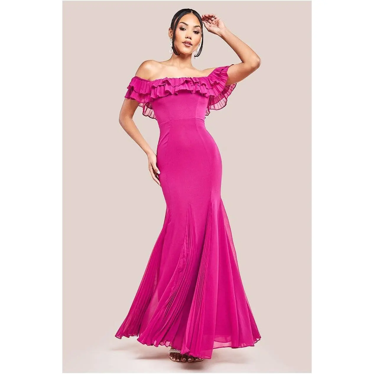 Goddiva Frilled Off The Shoulder Pleated Chiffon Maxi Dress - Magenta