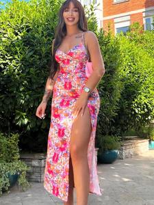 Multi Colors, Sexy V-neck Suspender, Mid Length Skirt, Split Suspender, Casual Dress, Suitable for Daily Wear, Resort Beach Party, Sisters Dress, Flower Watercolor Printing