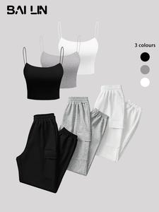 Women's Solid Color Crop Cami Top & Elastic Waist Sweatpants Set, Casual Sleeveless Spaghetti Strap Crop Top & Flap Pocket Jogger Pants, Ladies Summer Clothing