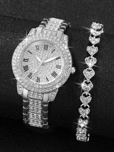 Elegant Quartz Watch & Heart Shaped Bracelet for Gift, Iced Out Watches for Women, High End Exquisite Watch, Modern Fashionable Wristwatch, Rhinestone Decor Round Dial Wristwatch Set As Gift for Girlfriend, Mom, without Box, Unique Stylish Watch for Women