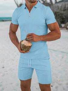 Men's Solid Zip Up Shortsleeve Polo Shirt & Shorts Set, Regular Fit Casual Formal Shortsleeve Top & Track Shorts, Summer Outfits Clothes Set for Men, Menswear, Tropical Clothing Sets, Suits, Casual Matching Set