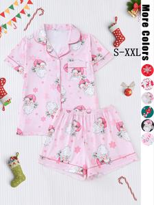 【Christmas】Women's Christmas Pajama Set, Soft Fabric, Santa & Reindeer Print, Button Front Shirt, Elastic Shorts, Holiday Party Sleepwear