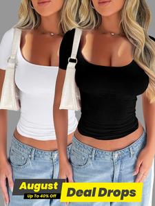 Pure Color Casual Slim Fit U Neck Short Sleeve T-Shirt, Basic Summer Thin Fabric Kint Style Tee for Women, Comfortable Daily Wear