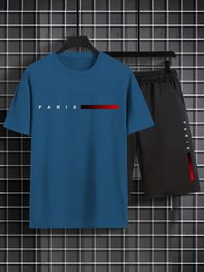 Two-Piece Set Men's Regular Fit Contrast Side Seam Short Sleeve Tee & Track Shorts, Casual Round Neck T-shirt & Letter Print Shorts, Men's Summer Clothes