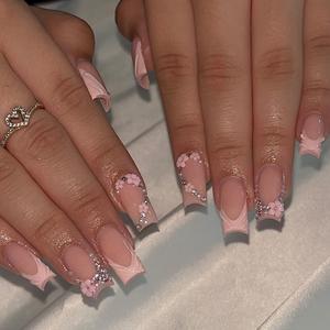 Flower & Rhinestone Decor Fake Nails with Nail File & Tape, 24pcs/set Square Press on Nails for Women & Girls DIY Nail Art, Elegant Stick on Nails Kit