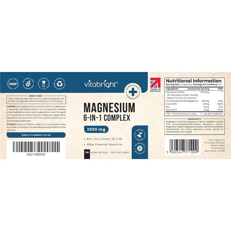 Magnesium Glycinate 6-in-1 Complex 2500mg, 485mg Elemental Magnesium Supplements High Strength, With Zinc, Vitamin D3 & B6, Chelated Magnesium Tablets Citrate, Bisglycinate, Malate, Made VitaBright UK 4