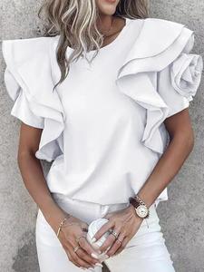 Women's Plain Flower Decor Tee, Casual Short Sleeve Round Neck T-shirt for Summer, Ladies Clothes for Daily Wear