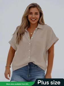 【Plus Size】 Solid Pocket Button Front Shirt, Casual Short Sleeve Top for Summer, Women's Clothes for Daily Wear, Blouse, Womenswear