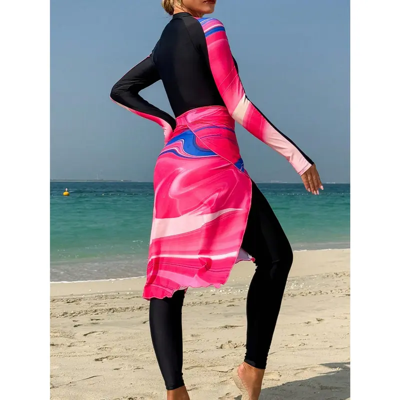 Swim Shayni Women Color Block Patchwork Marble Pattern Zip-Up Long Sleeve One Piece Swimsuit & Pants & Cover Up Skirt, For Summer Beach Vacation Arabic Clothing 1