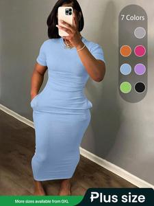 Plus Size Plain Pocket Round Neck Basic Bodycon Dress, Casual Shortsleeve Ribbed Long Dress for Summer, Women's Clothes for Daily Wear