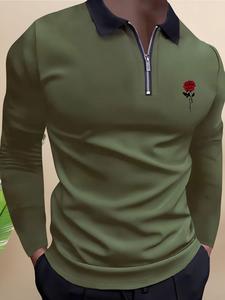 Men's Floral Print Half Zip Polo Shirt, Casual Regular Fit Long Sleeve Zipper Collared Top for All Seasons, Men's Clothes for Business Golf Activities