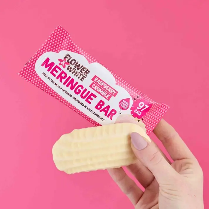Flower & White Low Calorie Raspberry Crumble Meringue Bars- 10/15 Bars - 97 Calories Per Bar, Vegetarian, Gluten-Free