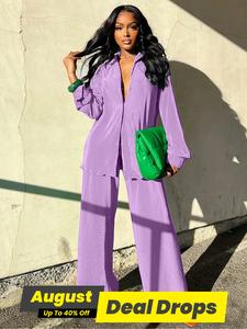 Women's Solid Button Shirt & Elastic Pants Set, Casual Loose Lettuce Trim Collared Top & Wide Leg Trousers, Women's Clothes for Daily Wear, Outfit, Longsleeves Suits, Womenswear, Lady Casual Lounge Set, Casual Matching Set