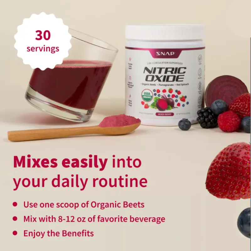 Snap Supplements - USDA Organic Beetroot Powder - 3-in-1 Nitric Oxide Supplement - Support Normal Blood Pressure & Blood Circulation - Mixed Berry 5
