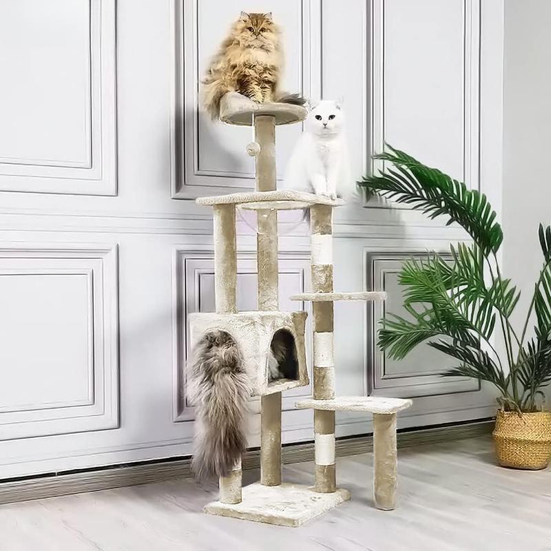 114 UK-GB  Cat Tree with Scratching Post & House, Stable Cat Play Tower, Multi-Level Activity Centre for Indoor Cats, Kitten Climbing Frame, Beige 1