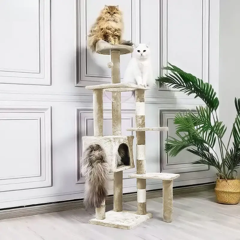 114 UK-GB  Cat Tree with Scratching Post & House, Stable Cat Play Tower, Multi-Level Activity Centre for Indoor Cats, Kitten Climbing Frame, Beige 1