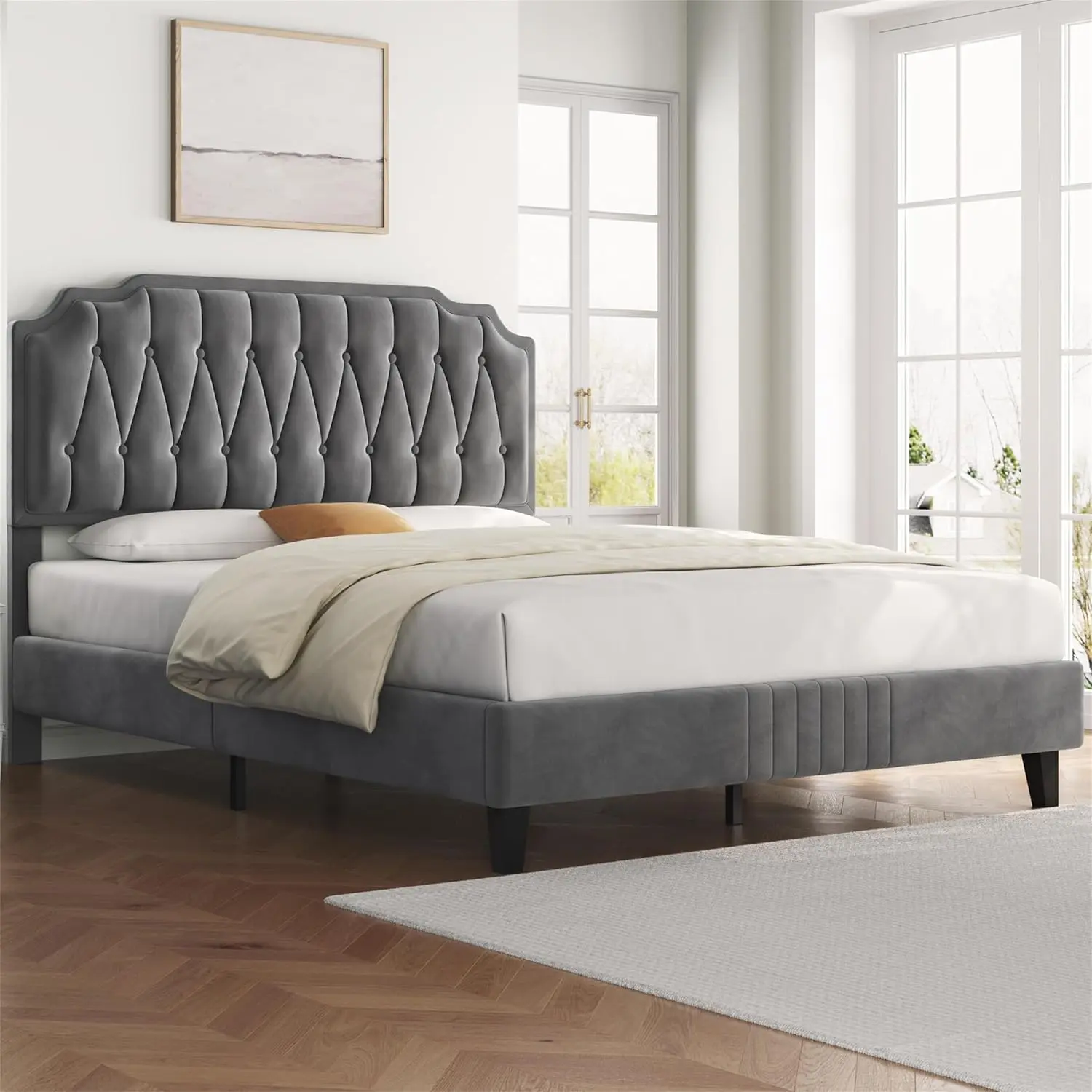 4ft6 Double Bed Frame Upholstered Platform Bed with Adjustable Button Tufted Headboard/Velvet Fabric/Sturdy Wooden Slat Support/No Box Spring Needed, Dark Grey Double Bed