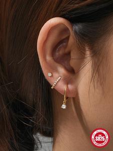 925 Sterling Silver Rhinestone Decorated Earring Set, 3 Counts Elegant Hoop Earrings & Stud Earrings, Fashion All-match & Exquisite Hypoallergenic Jewelry for Gift