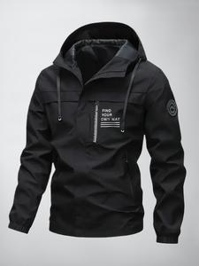 Men's Letter Print Patched Drawstring Zip Up Longsleeves Hooded Jacket, Casual Loose Waterproof Windproof Long Sleeve Outerwear for Spring & Fall, Jackets for Men, Fashion Men's Clothes for Daily Wear, Casual Zipper Coat