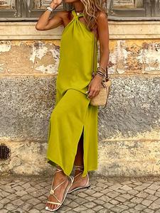 Women's Plain Split Hem Halter Dress, Casual Sleeveless Long Dress for Summer, Ladies Clothes for Daily Wear, Womenswear