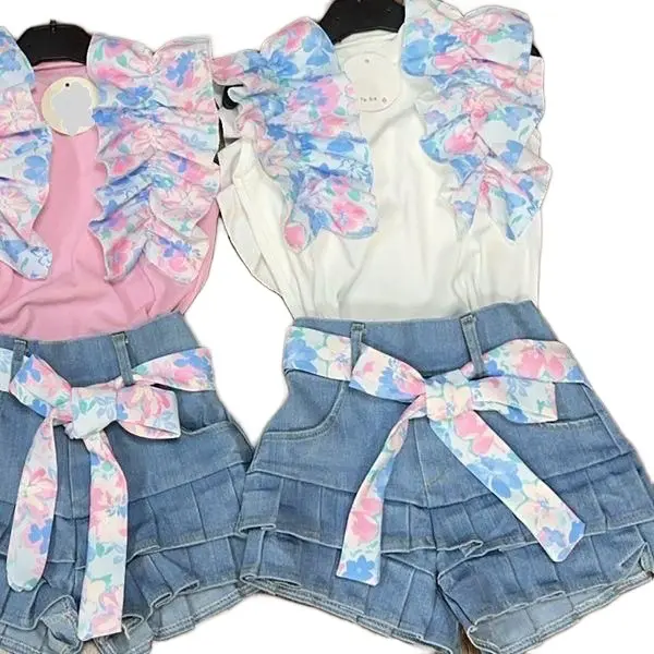 Ginger Ivy: THE FLOWER POWER summer ruffle top with denim fashion shorts to match for girls kids 2 1
