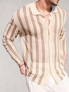 Men's Striped Print Knit Top, Regular Fit Casual Breathable Long Sleeve Collared Top for Summer, Fashion Men's Clothes for Daily Wear