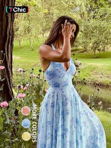 WOWDARK Women'S Sexy Hanging Neck Deep V-Neck Sleeveless Backless Floral Dress, Womenswear