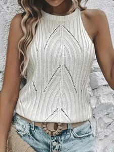 Women's Plain Hollow Out Halter Neck Sweater Vest, Casual Minimalist Fitted Tie Back Cut Out Sleeveless Knit Top for Summer, Fashion Ladies' Knitwear for Everyday Daily Wear, Womenswear, Casual Sleeveless Crop