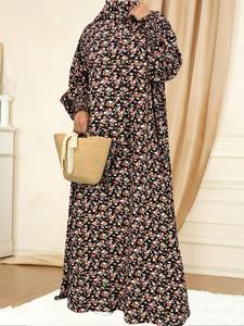 Women's Floral Print Long Sleeve Abaya with Belt, Modest Round Neck Long Dress for Daily Wear, Ladies Islamic Clothing for All Seasons