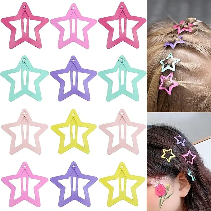 12PCS Girls Hair Clips, Colorful Star Hair Barrettes, Non-Slip Metal Snap Hair Pins for Baby, Toddler, Kid & Woman Accessories (6 Colors)
