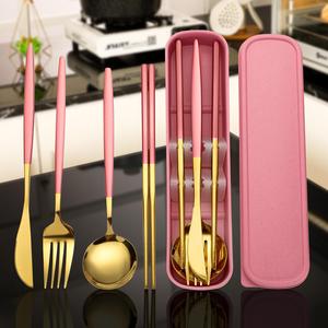 Stainless Steel Cutlery Set with Storage Box, 4 Counts Portable Tableware Set for Home Kitchen Dining Room, Cutlery Set for Family, Household Tableware for Daily Use